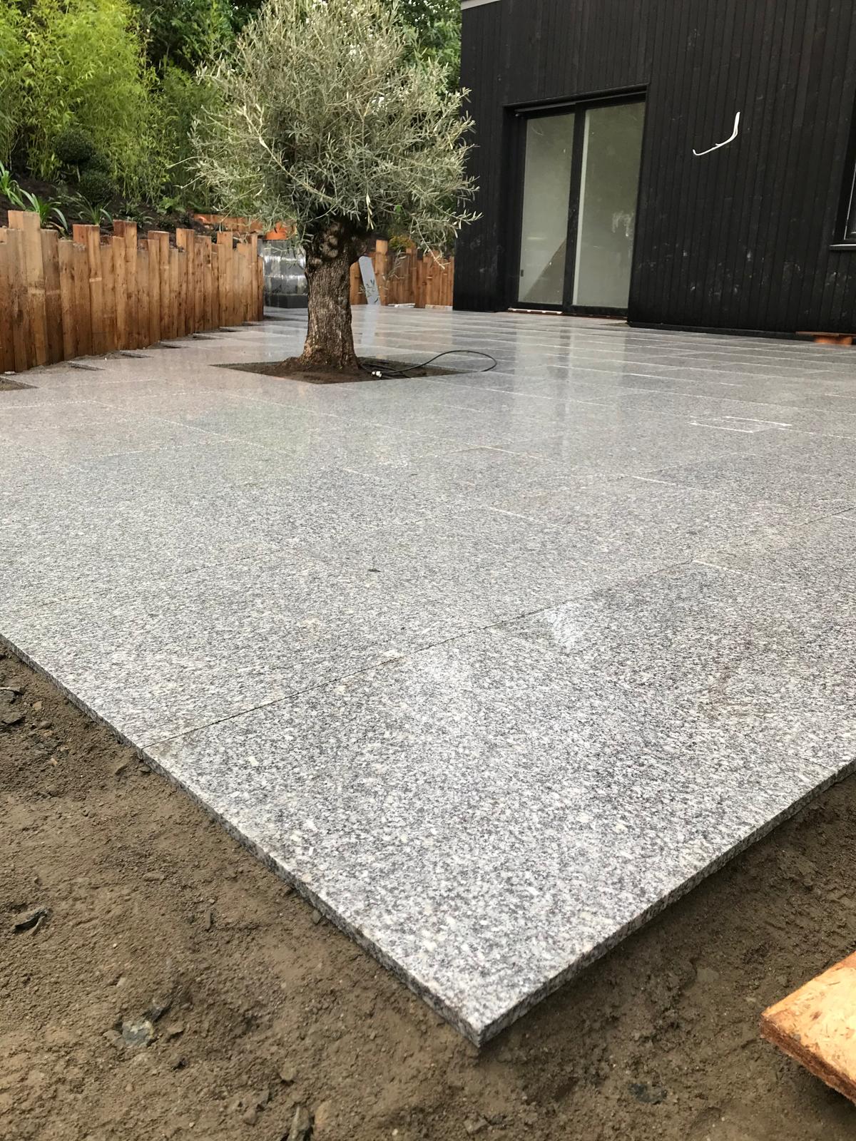 Large light granite slab patio with a square planting opening around an olive tree, beside a dark timber clad house